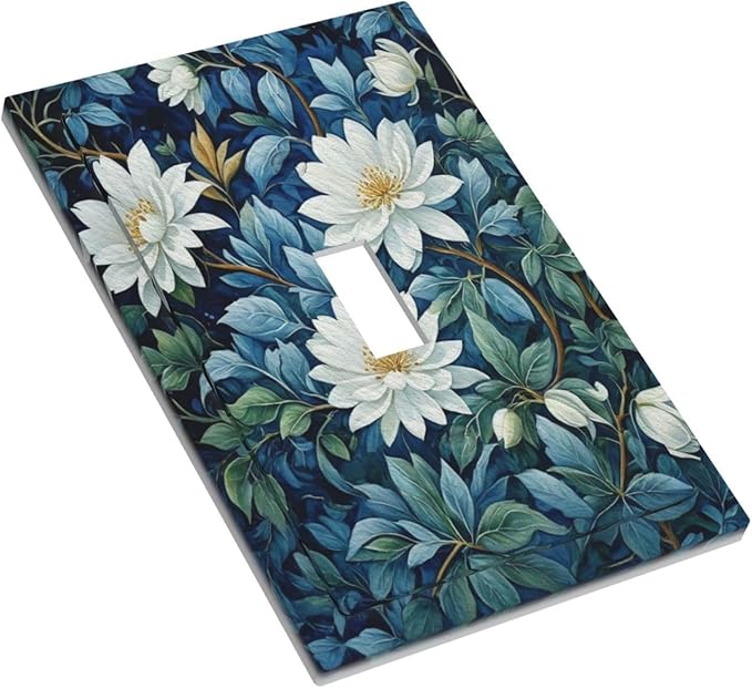 White Flowers Green Leaves Light Switch Covers 1 Gang Single Toggle Wall Plate Decorative Switchcover Electrical Switchplate for Country Living Decor