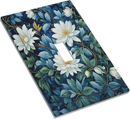 White Flowers Green Leaves Light Switch Covers 1 Gang Single Toggle Wall Plate Decorative Switchcover Electrical Switchplate for Country Living Decor