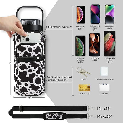 Half Gallon 64oz Glass Water Bottle with Straw and Storage Sleeve Motivational Water Bottle with Strap and Time to Drink 2L Leakproof Reusable Water Jug for Fitness Gym and Outdoors