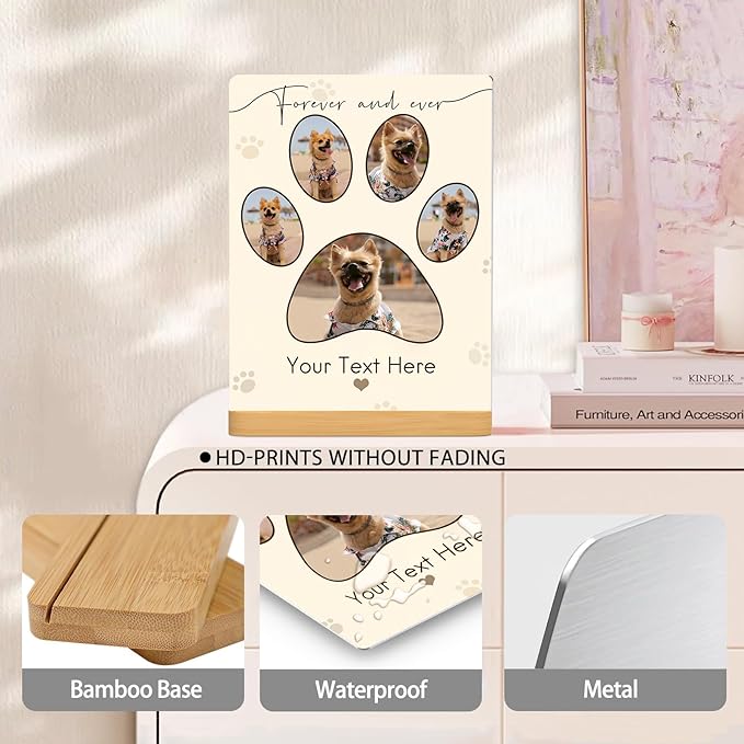 Custom Photo Prints - Metal Desktop Picture Frame with Photos & Text & Wooden Base Personalized Gifts for Cats Dogs and Pets, Optional Multiple Sizes