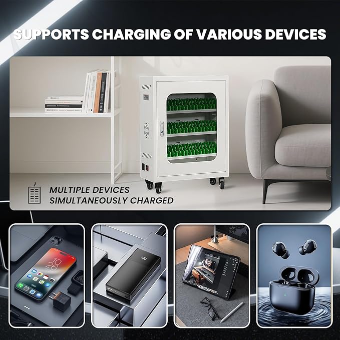 50 Device Cell Phone Charging Stations, Mobile Phone Charging Cabinet, Cellphone USB Charging Station Lockers, Rechargeable Cellphone Locker Storage Charging Station (White, 50 Slots)
