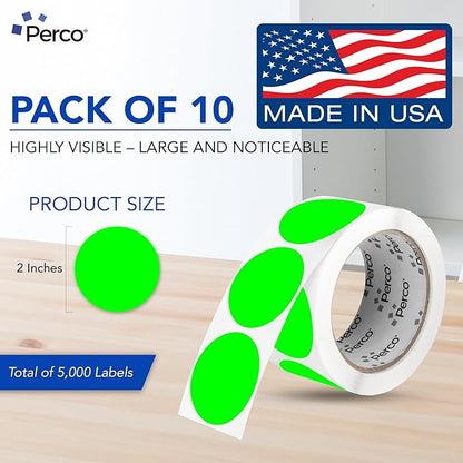 Perco Fluorescent Green 2-Inch Perforated Circle Dot Sticker Labels — 10 Rolls, 5,000 Round Stickers — with Permanent Adhesive for Organizing, Color Coding, Bin Labeling, Packaging Alerts—Made in USA