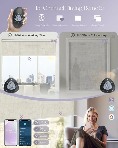 Graywind Motorized Semi Roller Shades Compatible with Alexa Google Hardwired WiFi Smart Light Filtering Remote Control Automated Blinds Electric Window Shade, Custom Size (Sheer Linen Beige)