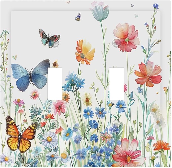 Decorative Light Switch Cover Plate Rustic Wildflower Blue Pink Floral Butterfly 2 Gang Outlet Covers Double Toggle Wall Plates for Electrical Outlets Switch Plate Covers for Home Decor