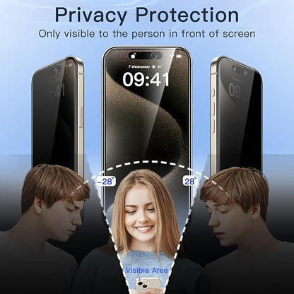JETech Privacy Screen Protector for iPhone 15 Pro Max 6.7-Inch with Camera Lens Protector, Anti-Spy Tempered Glass Film, Easy Installation Tool, 2-Pack Each