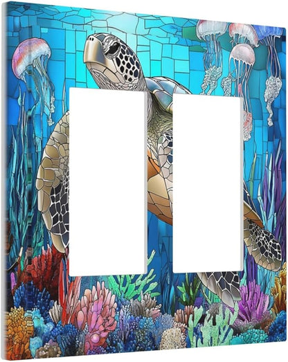 Decorative Outlet Covers Nautical Sea Turtle Coral Jellyfish 2 Gang Double Gfci Rocker Electrical Wall Panels Light Switch Cover Plate For Kids Room Nursery Decor