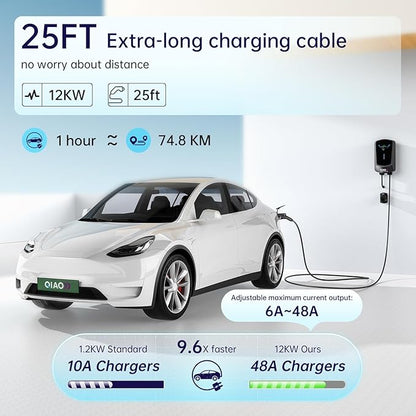 QIAO Level 2 EV Charger, Up to 48A Hardwired Electric Car Charger, Wi-Fi Bluetooth APP Enabled EVSE, 4.3in Display, 25ft Cable, Charge Station Compatible with All SAE J1772 EV Models (Black)