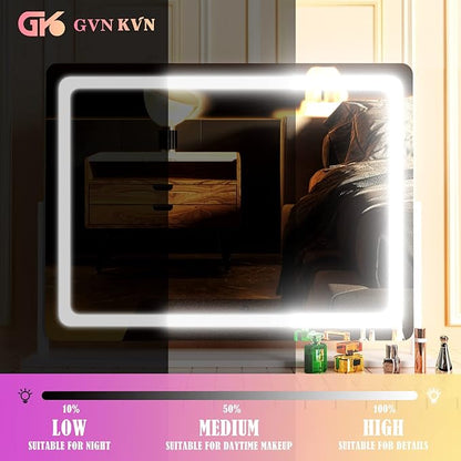 Makeup Vanity Mirror with Lights 32" x 24" Large LED Makeup Mirror, Light up Mirror with 10X Magnification and USB Charging Port, with Dimmable 3 Modes, Touch Screen Control Round White