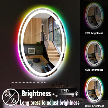 THEKLA 20 x 30 Inch LED Oval Mirror with 3 Color Front Lights + RGB Rainbow Color Changing Backlit Oval Lighted Vanity Mirror for Bathroom Wall Dimmable AntiFog 30in Ovals Smart Light up Mirrors