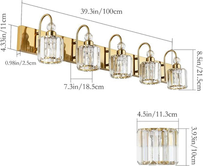 Ralbay Crystal Vanity Lights 5-Lights Brass Gold Over Mirror Modern Bathroom Wall Lighting Fixtures