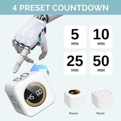 KADAMS Pomodoro Cube Timer Productivity Visual Timer 5/10/25/50 Min Customize Timer, Rotating Countdown Countup, Mute - for Work Study Cook Workout Kitchen Classroom for Kid (White)