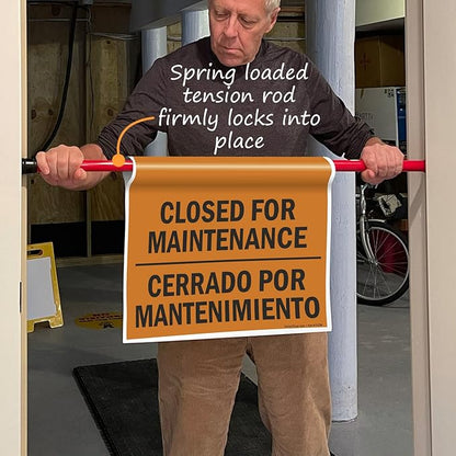 SmartSign "Closed For Maintenance" Bilingual Hanging Doorway Barricade Sign, Spring-loaded Adjustable Twist-To-Tighten Aluminum Pole & 11.25" x 18" Vinyl Sign Kit, Black/Orange, USA-Made
