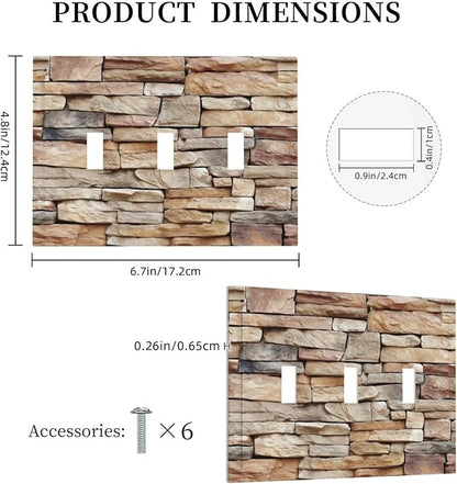 Decorative Switch Plates Stone Textured Brown Brick Natural Stone 3 Gang Wall Plate Triple Toggle Light Switch Cover Faceplate Electrical Wall Panels For Farmhouse Cabin Decor