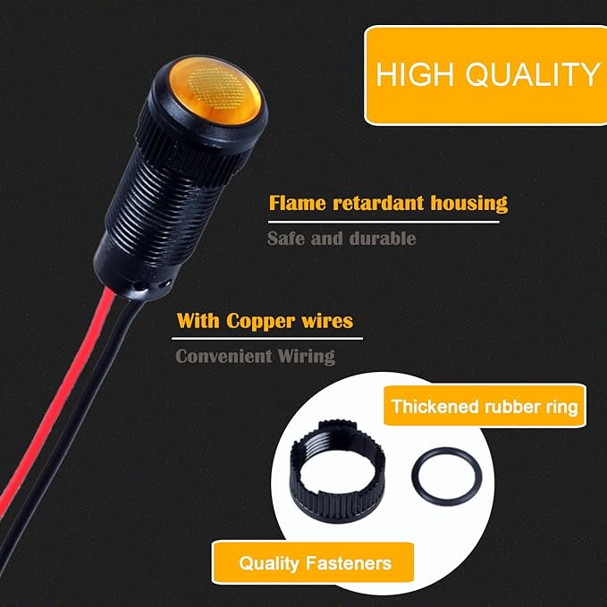 5pcs 10mm LED Indicator Light Plastic Black Signal Dot Lamp 12V-24V 2/5" Mounting Hole Size with 15cm/5.9in. Wire (Yellow LED)