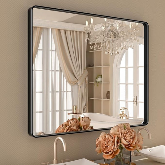40x36 Inch Black Bthroom Mirror,Black Metal Frame Vanity Mirror for Wall,Rounded Corner Rectangle Matte Black Mirror,Tempered Glass,Anti-Rust (Horizontal/Vertical)