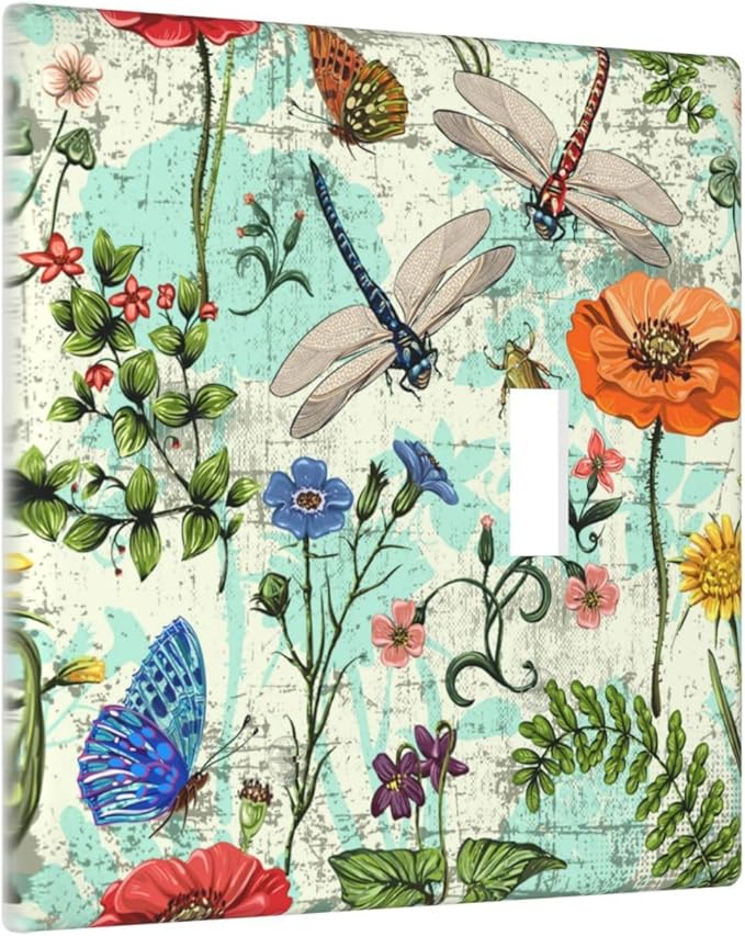 Dragonflies Flowers Butterfly 2 Gang 1 Toggle 1 Blank Outlet Light Switch Cover Decorative Wall Plate Cover For Home Living Bedroom Kitchen Decorative