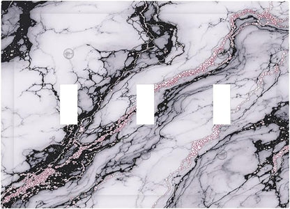 Decorative Switch Plates White Marble Pattern Black Lines Pink Lines 3 Gang Wall Plate Triple Toggle Light Switch Cover Faceplate Electrical Wall Panels for living Room Office Decor