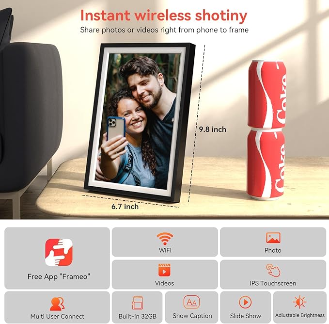 Frameo 10.1 inch Digital Picture Frame, Smart WiFi Digital Photo Frame with 32G Memory, HD Touch Screen, Auto-Rotate, Slideshow, Easy Setup, Share Photos and Videos Anywhere(Black)