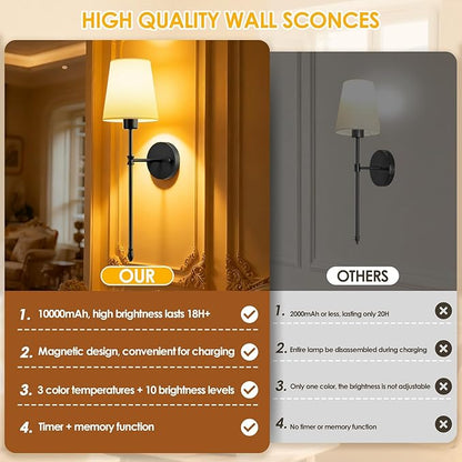 OCATO Battery Operated Wall Sconce: 10000mAh Wireless Wall Sconces Set of Two Rechargeable Lamp Dimmable Magnetic Lights with 7 RGB Colors and Remote Home Decor Walls Decor for Bedroom Living Room