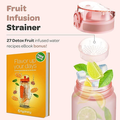 Hydracy Water Bottle with Time Marker -Large BPA Free Water Bottle & No Sweat Sleeve -Leak Proof Gym Bottle with Fruit Infuser Strainer & Times to Drink -Ideal for Fitness Sports & Outdoors