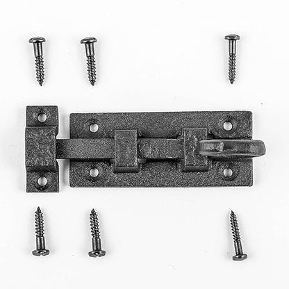 Renovators Supply Manufacturing Black Slide Bolt Door Latch 3 7/8 in. Long Wrought Iron Metal Surface Sliding Bolts with Catch for Cabinet Doors Rust Resistant Security Locks with Hardware Pack of 4