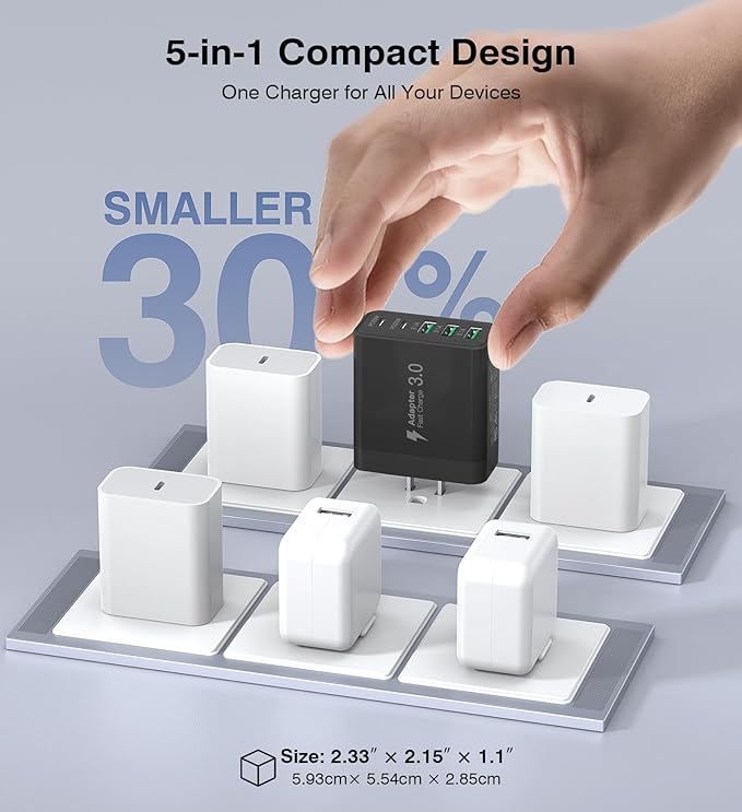 [2-Pack] USB C Wall Charger, 60W Fast USB C Charger Block, 5-Port PD Power Adapter + QC Wall Plug Multiport Type C Charging Block Cube Compatible with iPhone 17 16 15 14 13 12 Pro Max XR XS, Black