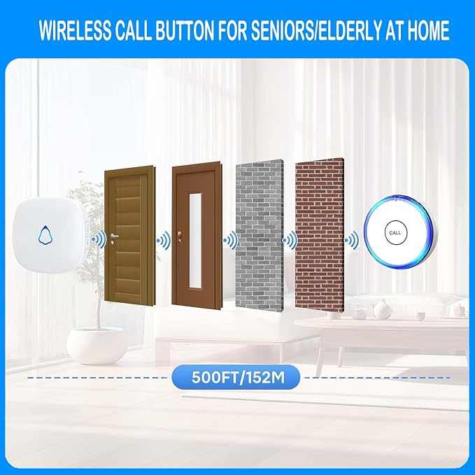 Caregiver Call Alarm Button for Home，Life Alert Beeper for Elderly Monitoring Emergency Bell, 500FT Wireless Panic Call Alarm, Nurse Care for Seniors Patients, Waterproof