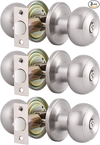 Gobrico Round Keyed-Alike Exterior Door Hardware Entrance Locksets Door Knobs, Satin Nickel, 3Pack, Stainless Steel