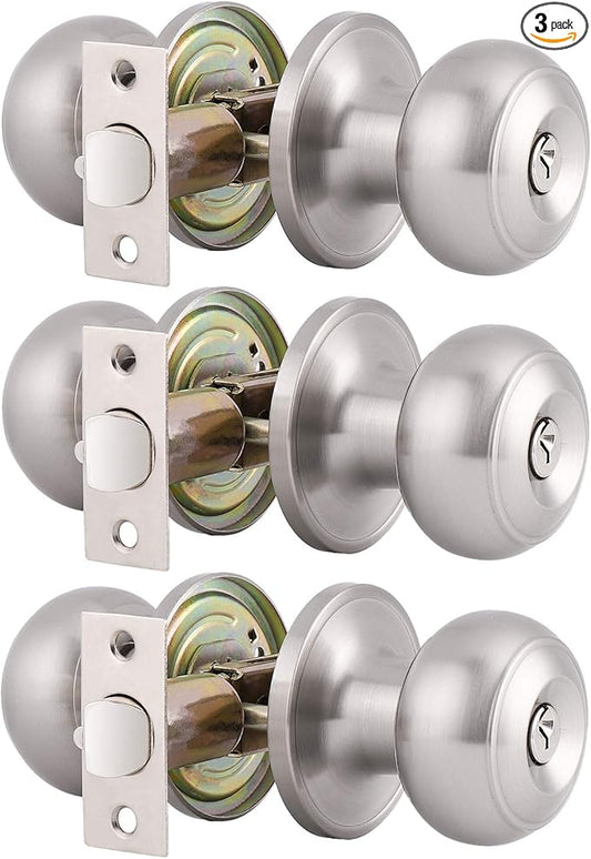Gobrico Round Keyed-Alike Exterior Door Hardware Entrance Locksets Door Knobs, Satin Nickel, 3Pack, Stainless Steel