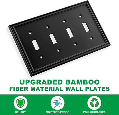 Black Modern Decorative Wall Plate Light Switch Cover Decorator Outlet Covers Rocker Switch Plates Bamboo Fiber Material Wall Plates for Kitchen Bathroom (4 Gang Quad Toggle-1 Pack)