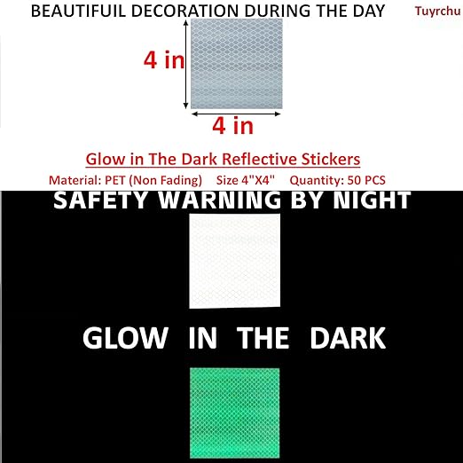 Glow in The Dark Reflective Stickers 4 inch X 4 inch for Truckskes, Warning Strong Safety Adhesive Reflective Strips (50 Pcs)