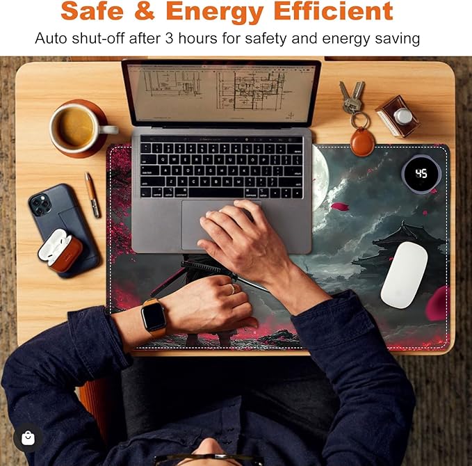 Small Heated Desk Pad 23.6" x 14.2" – Compact Electric Mouse Pad with 3 Heating Levels, Auto Shut-Off, Waterproof PU Surface, Plug-in Warmer for Office or Home Use, Samurai