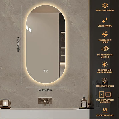 LAIYA 24V Full-Power Oval LED Bathroom Vanity Mirror, 48X24inch Frameless Backlit Mirror with Light, Smart Anti-Fog Waterproof Mirror with Memory Function Dimmable Lighted Mirror