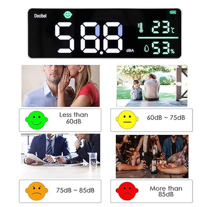 Decibel Meter, Wall Hanging Sound Level Meter, Noise Decibel Meter, 3 in 1 Noise Temperature Humidity Meter, 30 to 130dB Range, with 11in Large LED Display Screen, for Classroom