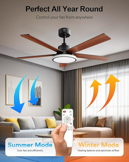 Lumary 52'' Smart Ceiling Fan with RGBAI Lights Remote, WiFi Bluetooth Low Profile Ceiling Fan with Alexa Google App, Dimmable & Color Tuning, 46 Scene, Modern Flush Mount for Bedroom Living Room