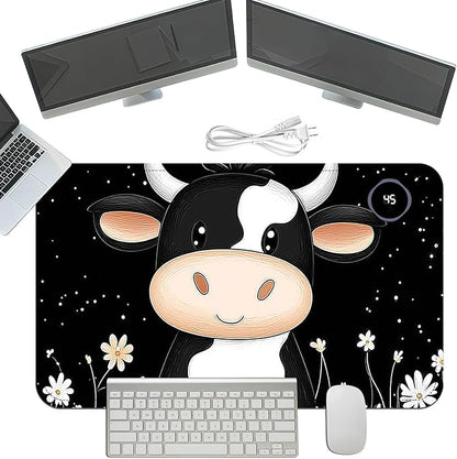Heated Mouse Pad with 3 Temperature Settings(104°F–122°F),Large 24x14.2 Inch PU Leather Heated Desk Mat,Waterproof Warming Pad for Office,Gaming & Cold Hands Relief,Cute Black White Cow