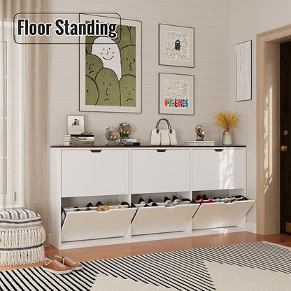 70.9" W Large Shoe Storage Cabinet with 6 Flip Drawers, White Shoe Organizer Cabinet for Up to 36 Pairs, Narrow Shoe Cabinet for Entryway, Hallway, Living Room