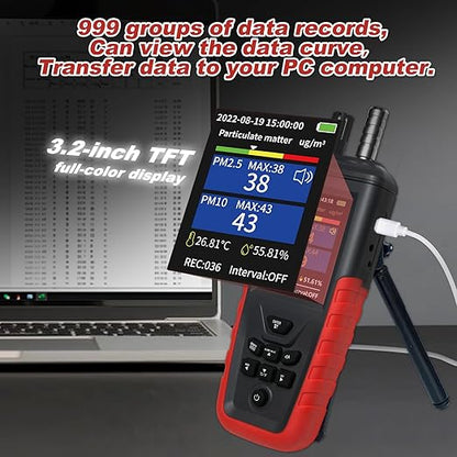 Portable Particle Counter, Handheld Dust Monitor 1000μg/m³PM2.5 Detects 6-Channel 0.3μm-10μm Particles, 14644-ISO9 Level Standard Air Pollution Monitor w/Temp & Humidity for Indoor Cleanroom