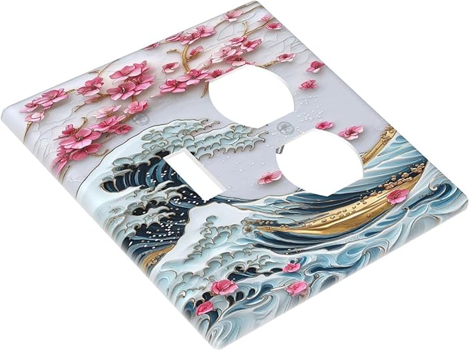 Wallplates The Great Wave Off Kanagawa With Sakura 1 Toggle 1 Duplex Switch Plate Electrical GFCI Faceplate Decorative Light Switch Covers for Bedroom Bathroom Decor