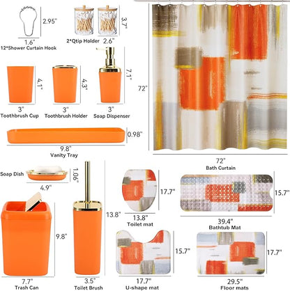 Bathroom Accessories Set - 26PCS Orange Bathroom Set, Bathroom Accessory Set with Shower Curtain and Rugs and Bathtub Mats for Home