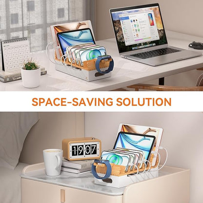 Pezin & Hulin Bamboo Charging Station with Watch Stand, Docking Holder for Multi Device with USB Charger HUB, 5 Charge Cables, Desktop Electronic Organizer for Phone, Tablet, Watch-Natural + White