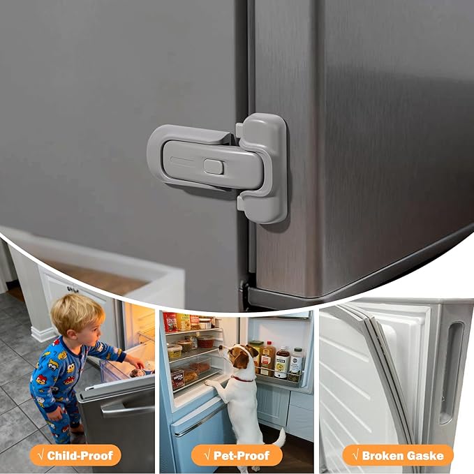 CLYMENE Child Proof Fridge Lock, Auto-Locking Refrigerator Door Latch with One-Hand Operation | No Keys or Straps | Keeps Freezer Secure from Kids & Pets – Grey