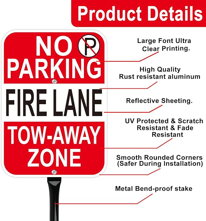 No Parking Fire Lane Sign, with 54 Inch Black Metal Stakes, 10 x 14 Inches Reflective Sheeting Rust Free Aluminum, 2 Pack, Indoor/Outdoor Use