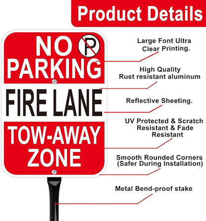 No Parking Fire Lane Sign, with 54 Inch Black Metal Stakes, 10 x 14 Inches Reflective Sheeting Rust Free Aluminum, 2 Pack, Indoor/Outdoor Use