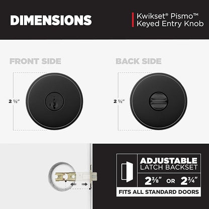 Kwikset Pismo Entry Door Knob with Lock and Key, Secure Keyed Handle Exterior, Front Entrance and Bedroom, Matte Black, Pick Resistant SmartKey Rekey Security and Microban