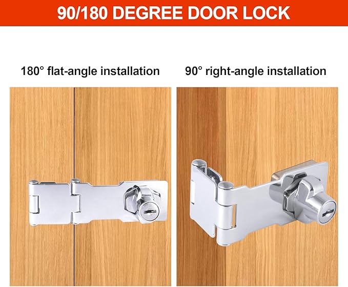 2 Pack Door Lock Hasp Latchs, Collapsible Solid 304 Stainless Steel File Cabinet Lock Desk Drawer Lock, for 90 Degree and 180 Degree Drawers, Dabinets, Doors, Flip Barn Door (Individual Key)