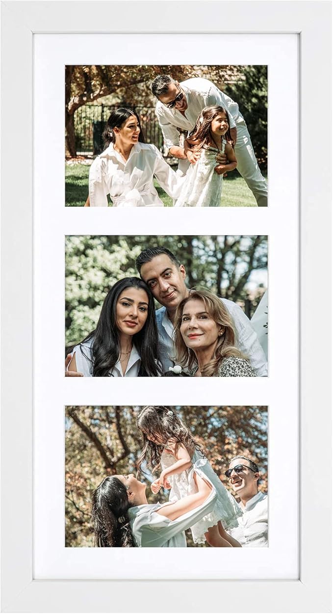 Golden State Art, Set of 3, 9x18 White Wood Frame - White Mat for Three 5x7 Pictures - Sawtooth Hangers- Swivel Tabs - Wall Mounting - Landscape/Portrait - Real Glass - Collage Frame