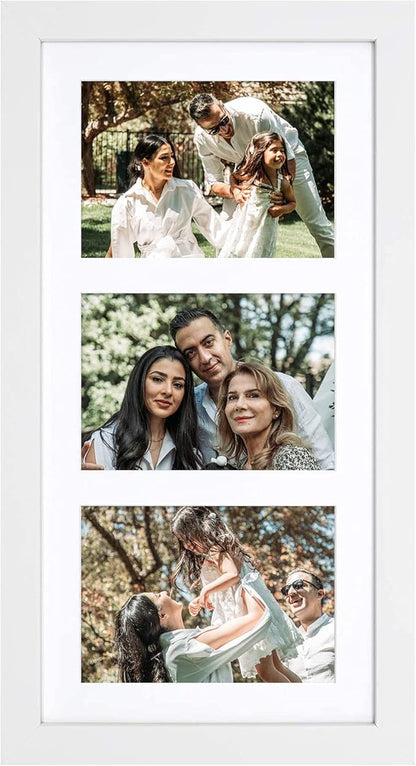 Golden State Art, Set of 10, 9x18 White Wood Frame - White Mat for Three 5x7 Pictures - Sawtooth Hangers- Swivel Tabs - Wall Mounting - Landscape/Portrait - Real Glass - Collage Frame