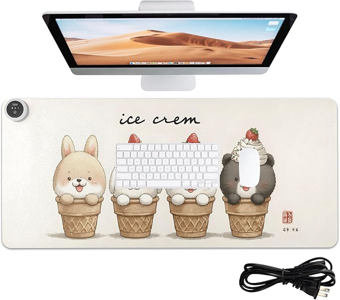 Large Heated Mouse Pad,Leather Desk Mat,31.5"x13",Hand Warmer Pads for Desk,Bunny（Off-White）