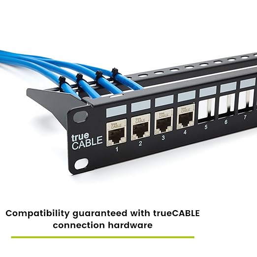 trueCABLE Shielded 24 Port 19” Toolless Modular Patch Panel, Blank, 1U Rack Mount, with Cable Management Bar and Ground Wire, High Density, Black